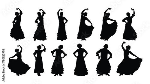 Flamenco dancer silhouettes collection isolated on transparent background, Vector