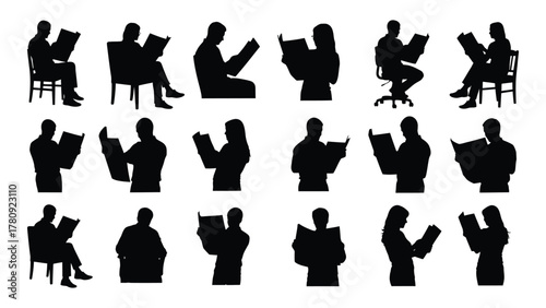 People reading silhouettes collection isolated on transparent background, Vector