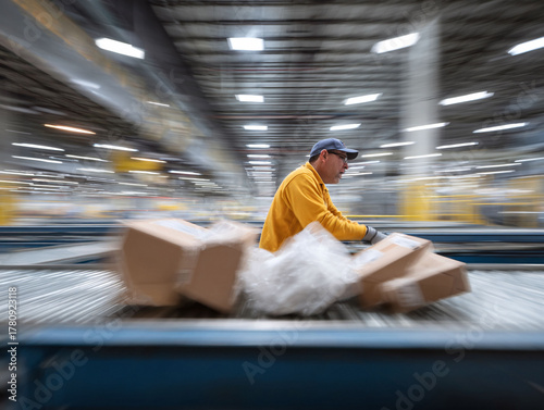 Fastpaced shipping worker pushing packages on conveyor belt in a distribution center. Concept efficiency, logistics, delivery, hard work, speed.