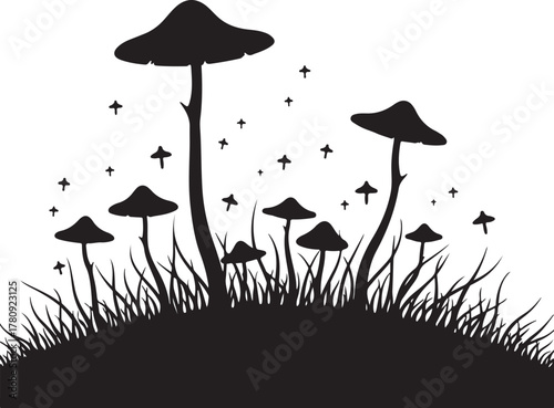 Black silhouette mushrooms and grass with stars white