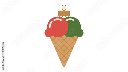 Festive Ice Cream Ornament: A delightful ice cream ornament, adorned with a vibrant red and green scoops nestled in a crispy cone, symbolizing the joy and cheer of a celebratory occasion.
