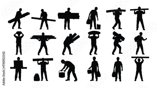 Construction workers carrying materials silhouettes isolated on transparent background, Vector