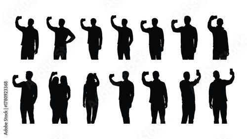 People taking selfies silhouettes isolated on transparent background, Vector