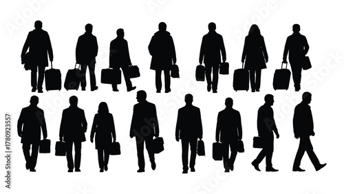 Traveling people silhouettes with luggage isolated on transparent background, Vector
