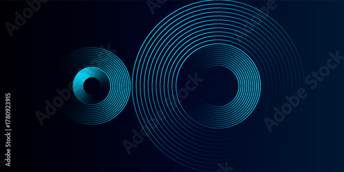 Blue abstract background with glowing circles. Swirl circular lines pattern. Geometric spiral. Twirl element. Modern graphic design. Futuristic technology concept.