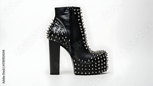 Elevate your style with these edgy black leather platform ankle boots, adorned with striking silver spikes, perfect for fashion-forward statement pieces and bold expressions