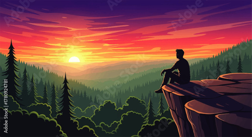 A lone figure sits on a cliff edge, gazing out at a vibrant sunset over a lush, green mountain range.