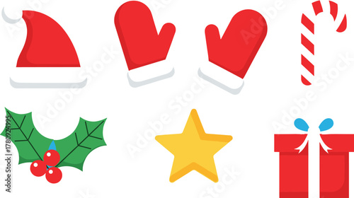 christmas, holiday, festive, icons, illustration, vector, design, decoration, ornament, santa, hat, mittens, candy, cane, holly, star, gift, box, celebration, winter, season