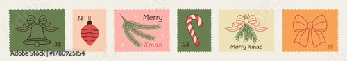 Winter vacation postage stamps in doodle sketch, hand-drawn style with Christmas and New Year elements. Xmas postmark vector illustrations for posters, postcards, mail art, festive scrapbooking design