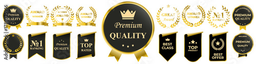 Premium golden badge and label design set with luxury metallic frames, elegant decorative borders, and refined emblem styles perfect for brand identity, premium promotions, and exclusive product packa