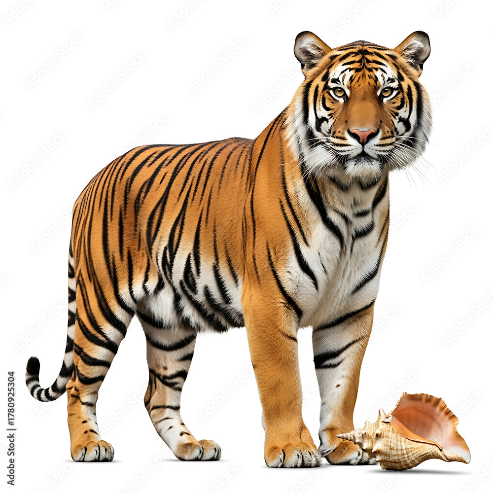 Obraz premium Majestic striped tiger standing near a large spiral conch shell