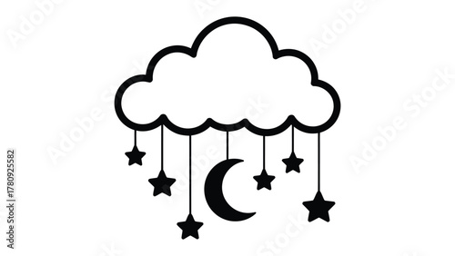 Dreamy Night Sky Icon: A whimsical icon depicting a serene night scene with a crescent moon and stars hanging from a fluffy cloud, representing peace and tranquility.