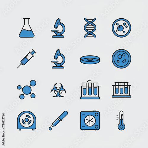A collection of blue line icons representing various scientific laboratory equipment and symbols for research and medicine.