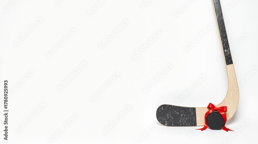 Obraz premium A sports-themed Christmas banner featuring a black hockey puck with a red ribbon and a hockey stick on a white background. There is ample copy space.