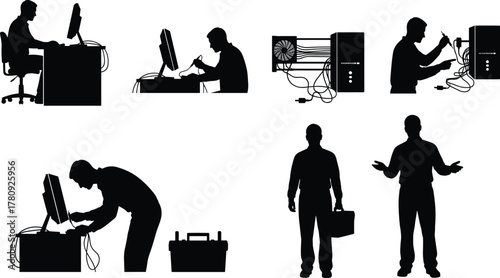 `Silhouette vector illustration of IT technicians repairing computer hardware, connecting cables, using tools, troubleshooting, maintenance, safety, teamwork, technology, labor, and industry