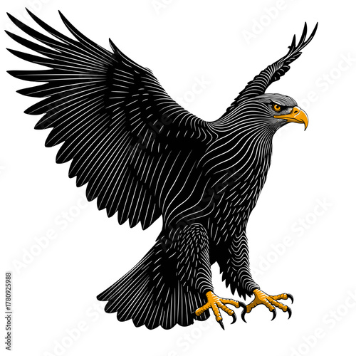 Fierce eagle with outstretched wings in detailed illustration  