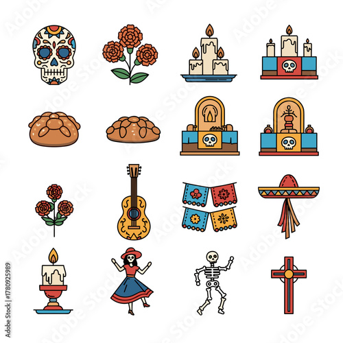 Colorful Day of the Dead icons and symbols in flat design style  