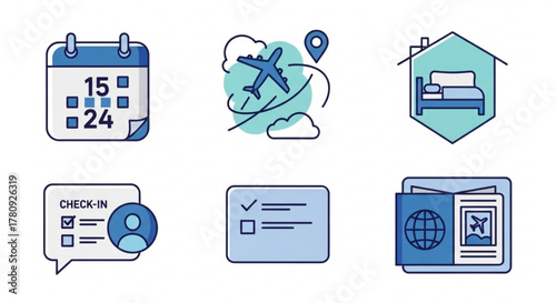 Travel and vacation icons, calendar, airplane, hotel, check in, passport