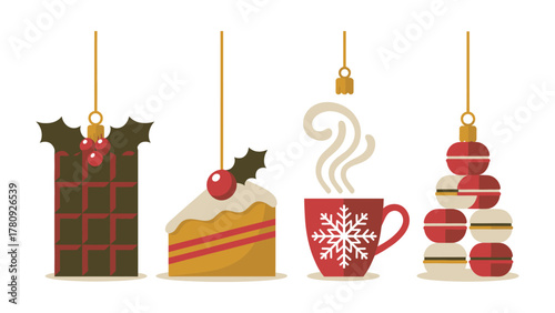 Holiday Cheer: Decorative ornaments showcasing the festive season with a gift, cake, hot beverage, and colorful pastry arranged to evoke warmth and joy.