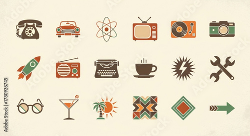 Retro icons collection with vintage telephone, car, rocket and other objects