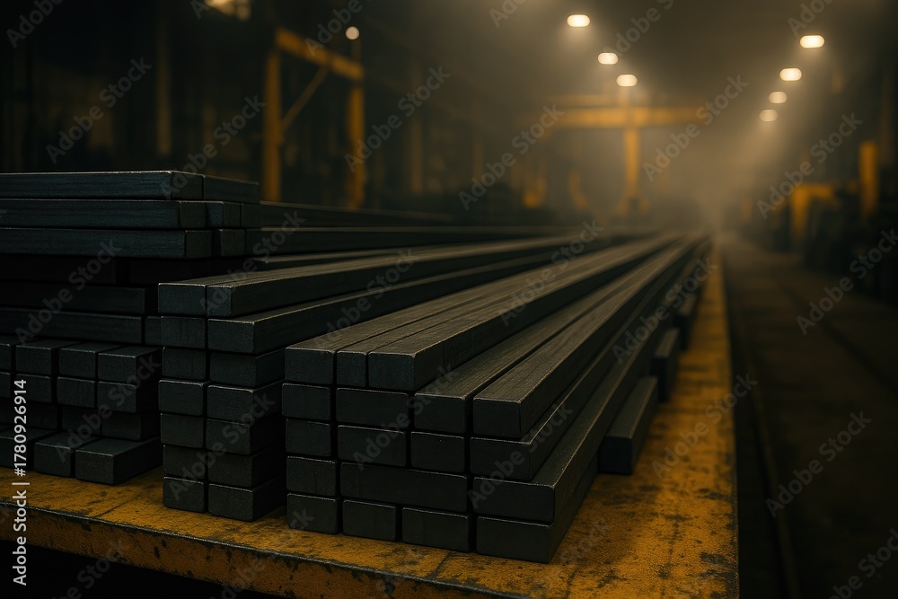 Fototapeta premium Stacked metal bars in a dimly lit warehouse, raw materials for industry
