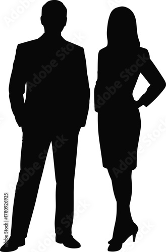 Silhouette of two business professionals standing confidently, man and woman in formal attire symbolizing leadership, teamwork, and success