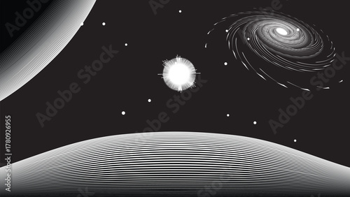 Spiral galaxy in space. Futuristic landscape,  . Night landscape .Vector illustration