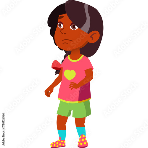Young Diverse Girl With Brown Skin And Dark Hair Wearing A Pink T Shirt With A Yellow Heart And Green Shorts Looking Sad On Transparent Background