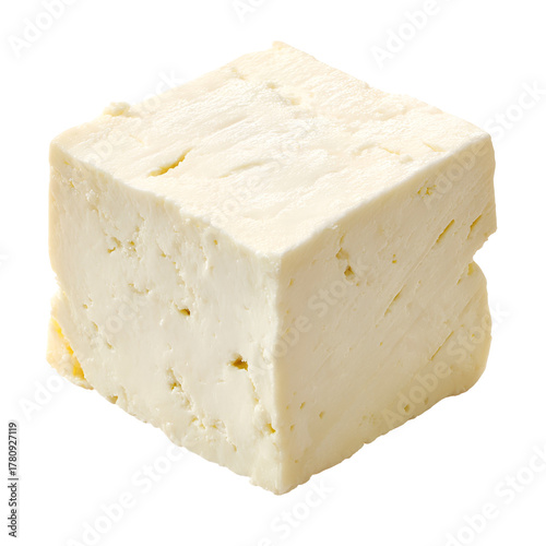 A single cube of white cheese isolated on transparent background