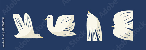 Set of stylized white birds in various flying and resting positions on dark blue background. Flat minimal vector illustration. Animal design elements. Peace and freedom concept for design and print