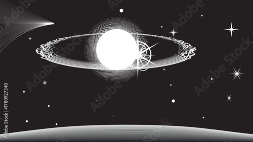Star and moon and comet in outer space. Futuristic landscape, with lines texture . Space landscape with moon and sun . Deep space vector illustration. Vector line art. Star explosion .