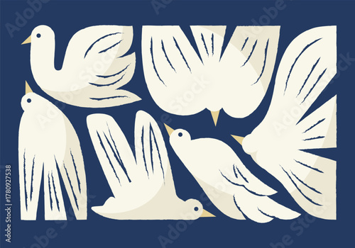Set of stylized white birds in various flying and resting positions on dark blue background. Flat minimal vector illustration. Animal design elements. Peace and freedom concept for design and print