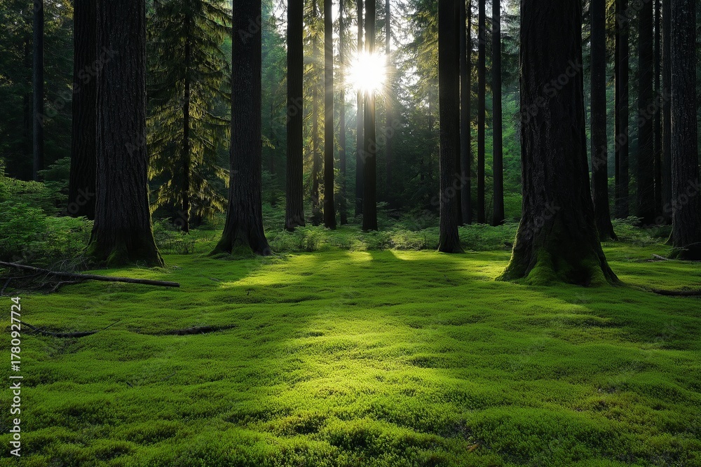 Obraz premium Morning sunlight streams through tall trees in a peaceful forest