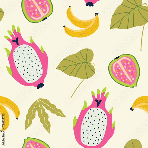 Tropical fruit seamless pattern. Bright illustration-style background, texture with pitaya, guava, and bananas. Summer repeating pattern, packaging design. Flat vector illustration.