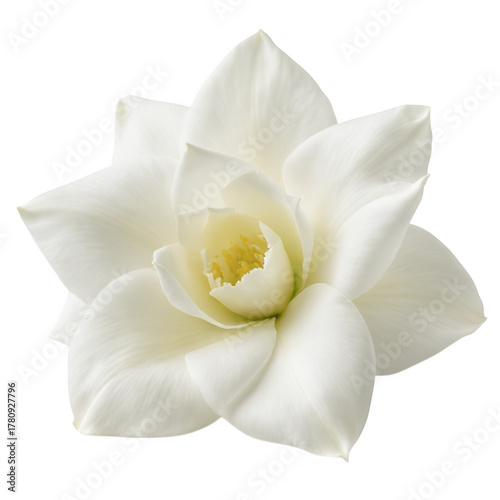 Beautiful, elegant white gardenia flower in full bloom. Delicate petals open up, showing fresh, serene nature