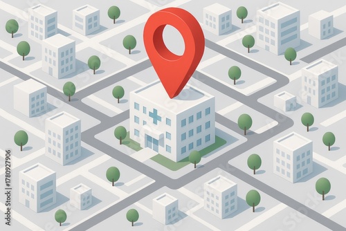Isometric city map with a prominent red location pin on a building, ideal for navigation concepts
