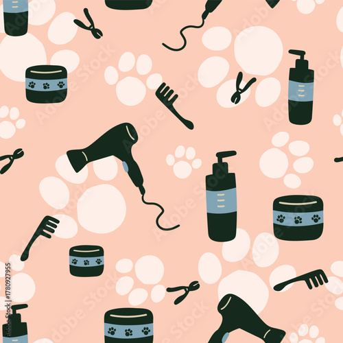 A seamless pattern for pet grooming. A cute illustration-style background with textures featuring grooming tools and paws. Flat vector illustration.