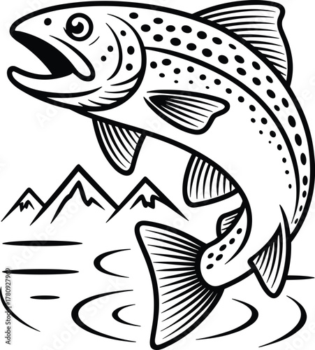 Jumping Fish Vector Illustration with Mountain and Water