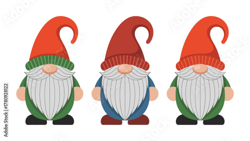 Whimsical Gnome Trio: A charming assembly of three whimsical garden gnomes, each with a distinctive appearance, showcasing their playful charm with an inviting simplicity.
