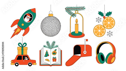 Festive Array: A vibrant collection of Christmas ornaments and illustrations that capture the spirit of the season. A playful arrangement of decorations.