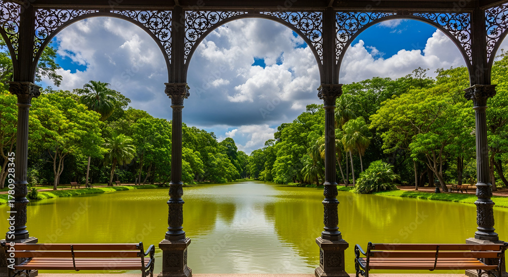 Fototapeta premium A picturesque view of a serene lake framed by an ornate archway, showcasing lush greenery.