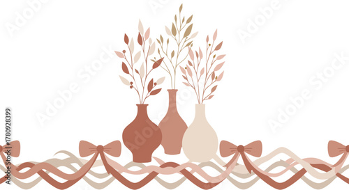 Illustration of three vases with delicate branches and leaves, complemented by a border of ribbons and bows in a warm, earthy palette.