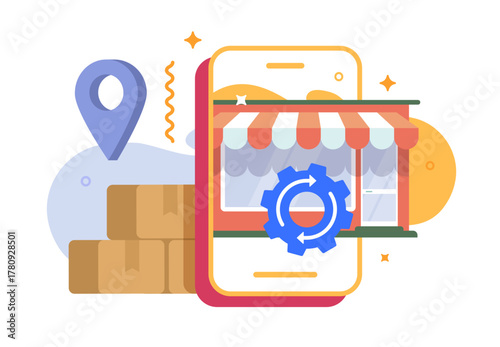 Online internet store configuration settings modern vector graphic illustration, digital shop app software customize management on mobile cell phone smartphone screen service, logistics delivery setup