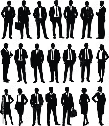 Silhouettes of business professionals in suits, leadership teamwork concept, corporate executives, office workers, collaboration and management illustration