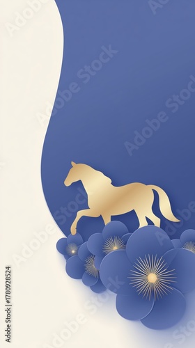 Golden horse silhouette gracefully trotting among vibrant blue flowers on a soft cream background, creating a serene and artistic visual composition with copy space