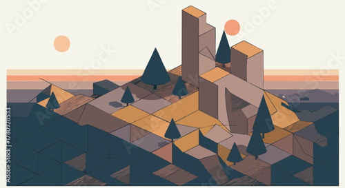 This unique isometric digital artwork captures a tranquil geometric landscape featuring abstract mountains, minimalist trees, and calm water under a stylized sky.