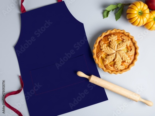 Homemade apple pie ready for baking with rolling pin and apron on a table