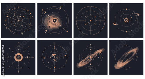 A captivating collection of abstract cosmic illustrations featuring celestial maps, mystical galaxies, and astrological symbols, perfect for spiritual and scientific design projects.