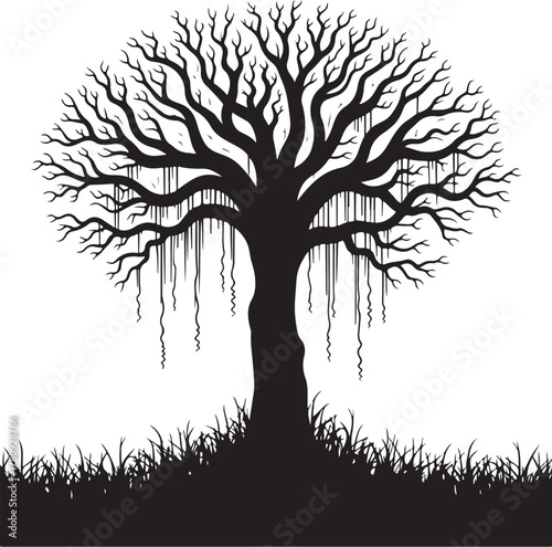 Black silhouette of a large tree with hanging vines and grass