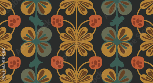 An eye-catching, mid-century modern inspired seamless pattern displaying stylized floral and organic shapes with a distinctive groovy aesthetic.
